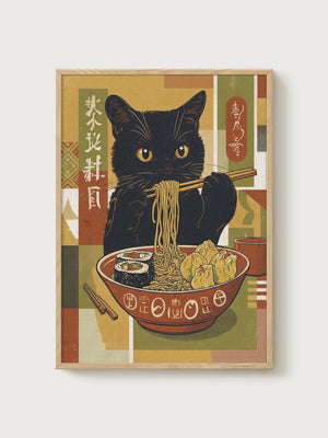 Black Cat Ramen Print poster in oak frame
