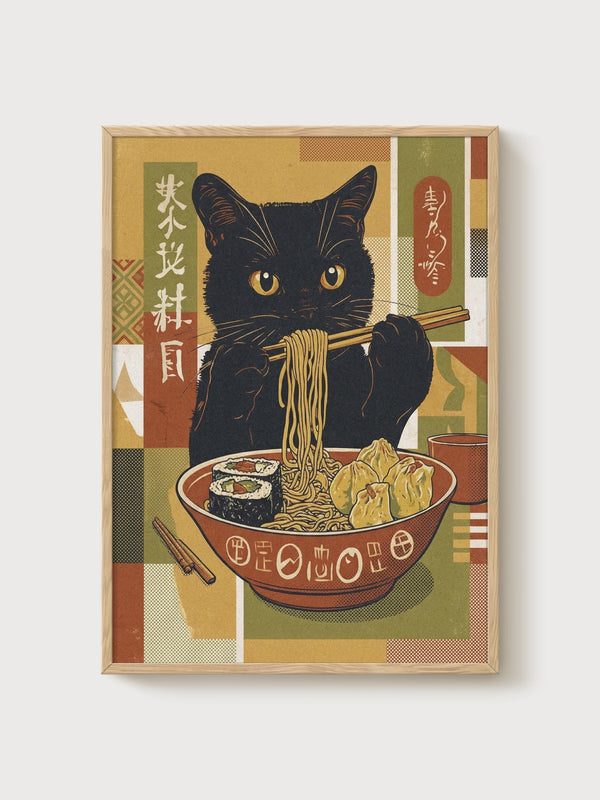 Black Cat Ramen Print poster in oak frame