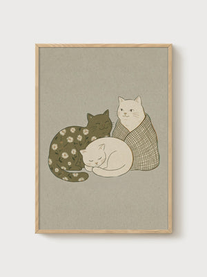 Japanese Cat Print poster in oak frame