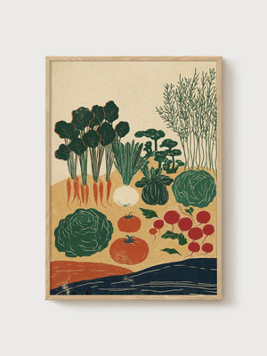 Vintage Vegetable Garden Linocut Print poster in oak frame