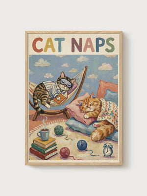 Cat Naps Print poster in oak frame