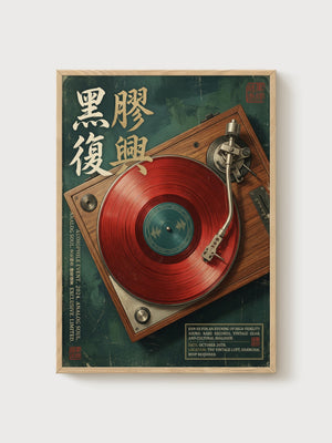 Vintage Record Player Poster poster in oak frame