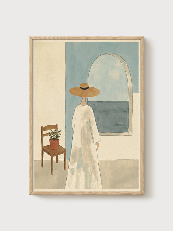 Minimalist Woman Portrait poster in oak frame