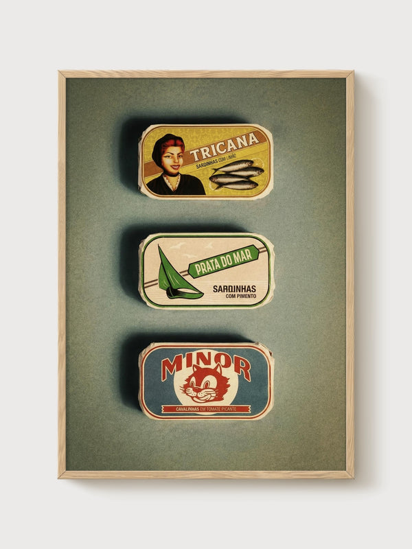 Vintage Sardine Can Art Print poster in oak frame