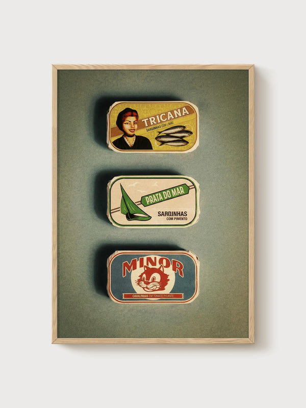 Vintage Sardine Can Art Print poster in oak frame
