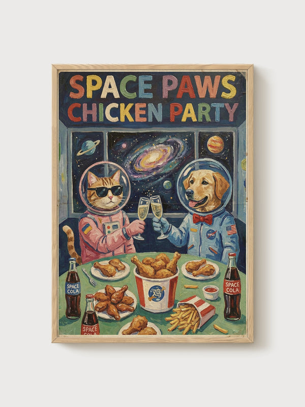 Retro Futurism Cat and Golden Retriever Astronaut Print poster in oak frame