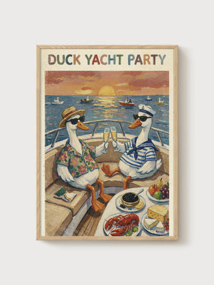 Duck Yacht Party Print poster in oak frame