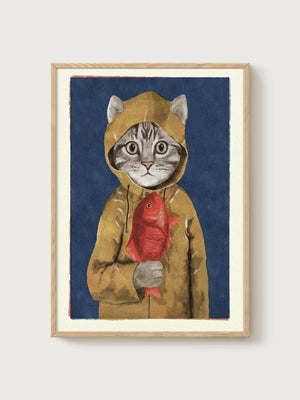 Quirky Cat Print poster in oak frame
