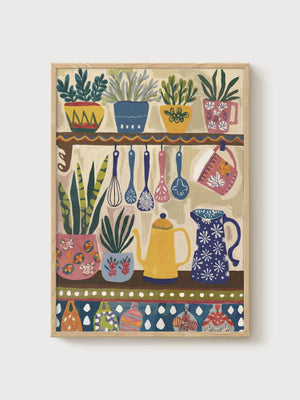 Folk Kitchen Shelf Print poster in oak frame
