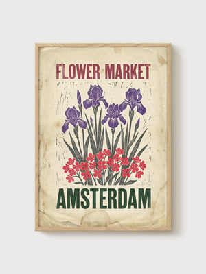 Vintage Amsterdam Flower Market Print poster in oak frame