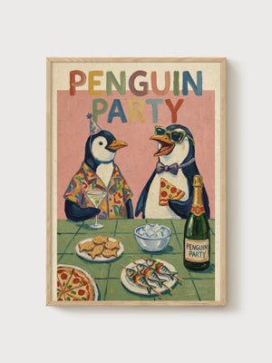Penguin Party Print poster in oak frame