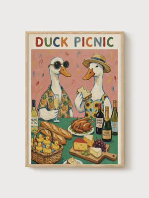 Duck Picnic Print poster in oak frame