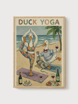 Duck Yoga Print poster in oak frame