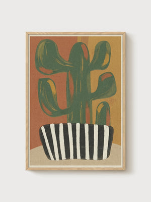Mid Century Modern Cactus Print poster in oak frame
