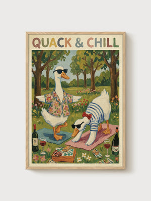 Funny Duck Yoga Print poster in oak frame