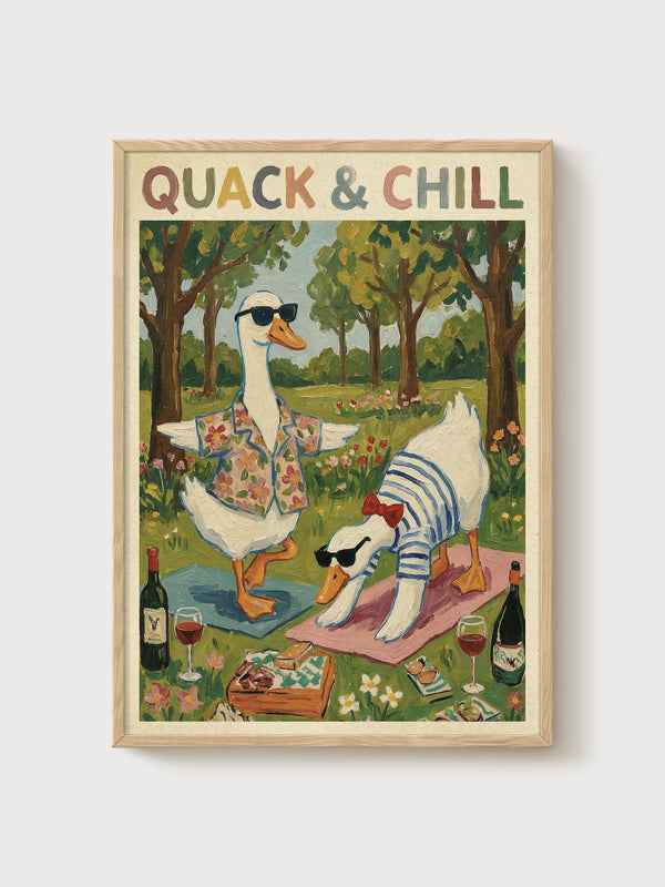 Funny Duck Yoga Print poster in oak frame