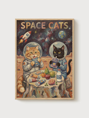 Space Cats Print poster in oak frame