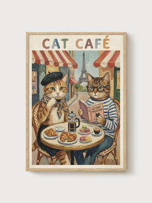 Paris Cat Cafe Print poster in oak frame