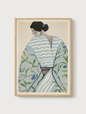 Japanese Woman in Kimono Print poster in oak frame
