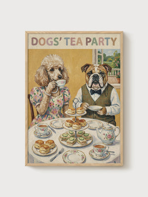 Dogs Tea Party Print poster in oak frame