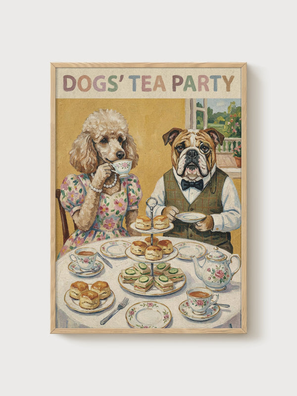 Dogs Tea Party Print poster in oak frame