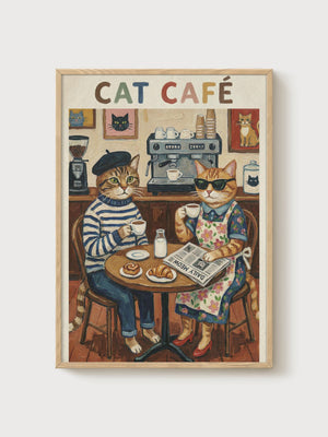 Funny Cat Cafe Print poster in oak frame