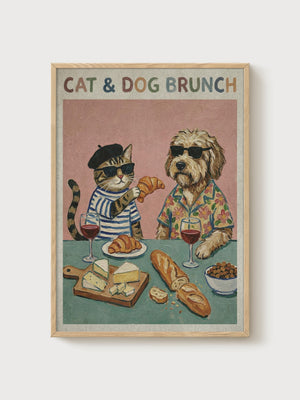 Cat Dog Brunch Print poster in oak frame