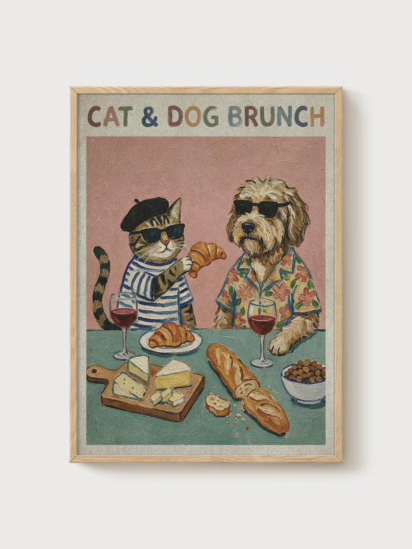 Cat Dog Brunch Print poster in oak frame