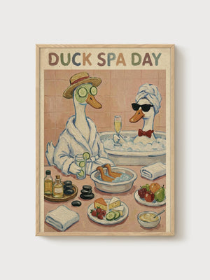 Duck Spa Day Print poster in oak frame