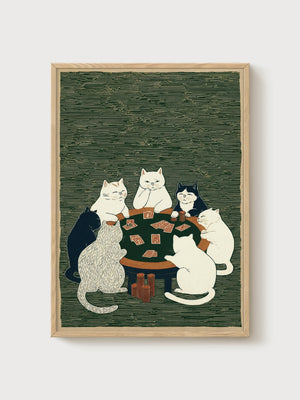 Japanese Cat Poker Print poster in oak frame