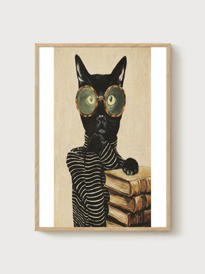 Black Cat Art Print poster in oak frame
