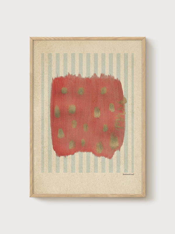 Mid Century Modern Strawberry Print poster in oak frame