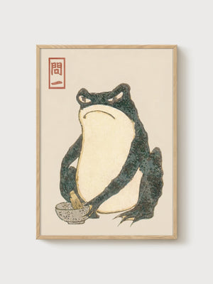 Japanese Frog Art Print poster in oak frame