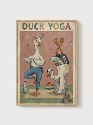 Duck Yoga Print poster in oak frame