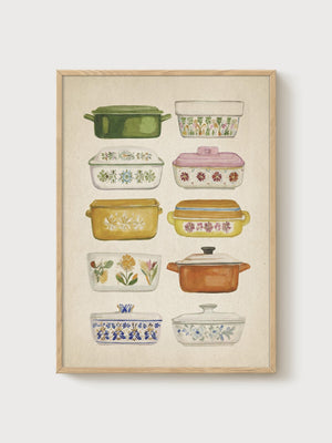 Vintage Casserole Dish Print poster in oak frame
