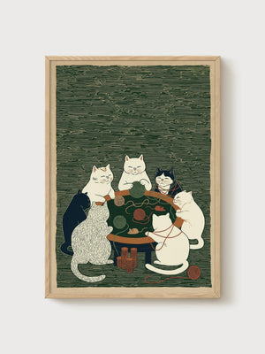 Japanese Cat Print poster in oak frame