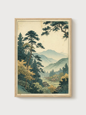 Japanese Village Print poster in oak frame