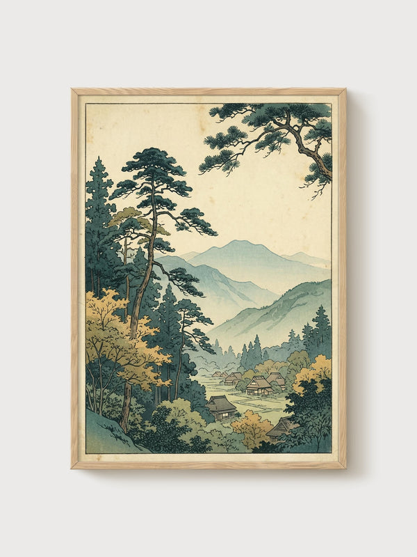 Japanese Village Print poster in oak frame