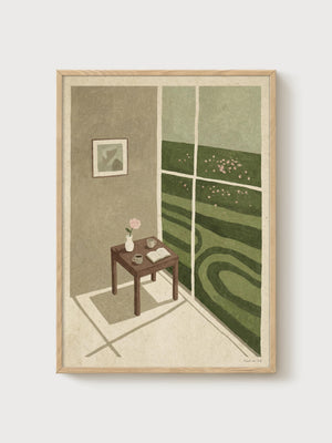 Minimalist Garden Print poster in oak frame