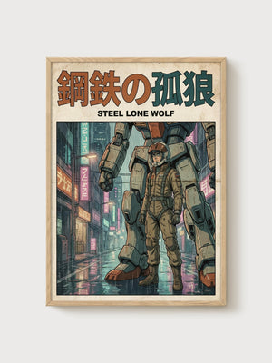 Steel Lone Wolf Mecha Poster poster in oak frame
