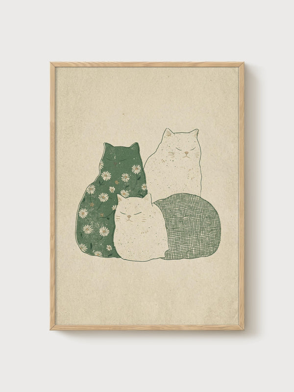 Minimalist Cat Print poster in oak frame