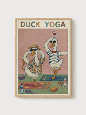 Duck Yoga Print poster in oak frame