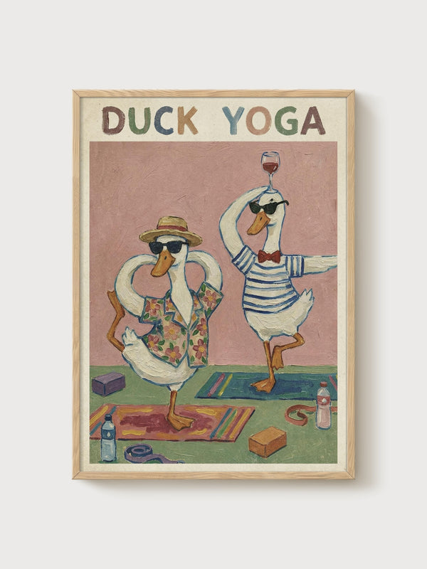 Duck Yoga Print poster in oak frame