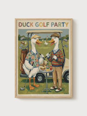Duck Golf Party Print poster in oak frame