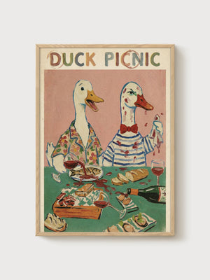 Duck Picnic Print poster in oak frame