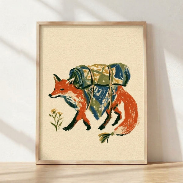 Whimsical watercolor fox illustration carrying a bedroll and pack, rendered in warm burnt orange, navy blue, and olive green tones with cottagecore folk art charm.