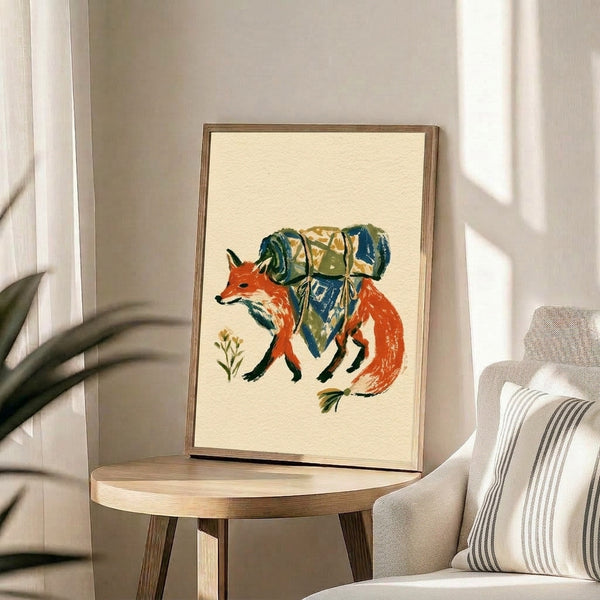 Cozy folk art watercolor of an adventurous fox with backpack and flowers, painted in earthy cream, tan, and blue hues in whimsical cottagecore style.