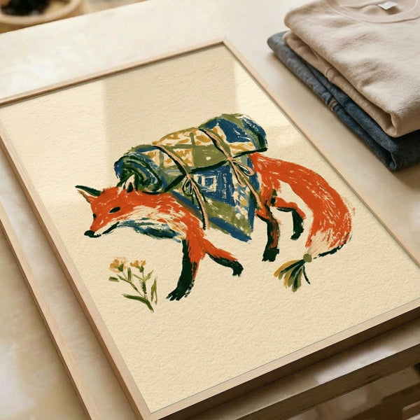 Charming folk art watercolor of a wandering fox with adventure pack and floral accents, featuring warm tan and burnt orange tones with cozy whimsical mood.