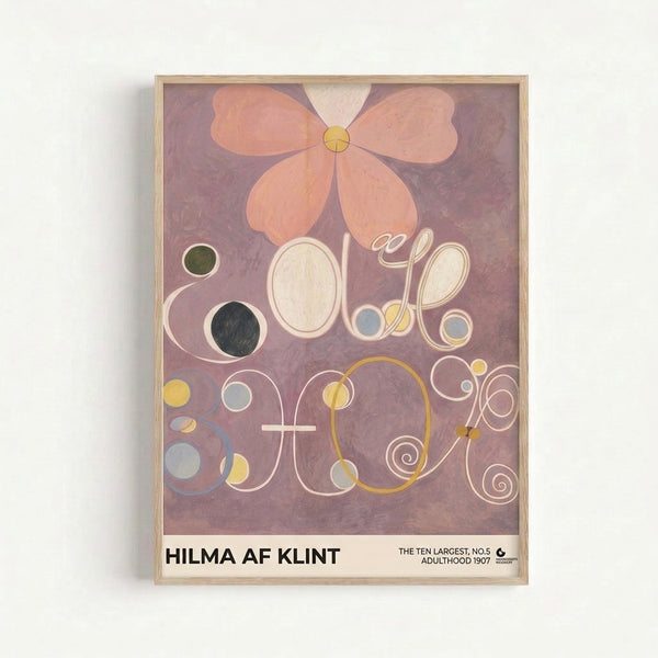 Minimalist wall art displaying flowing circular forms and botanical spirals in soft mustard yellow and slate blue against a cream background, evoking a mystical and serene mood.