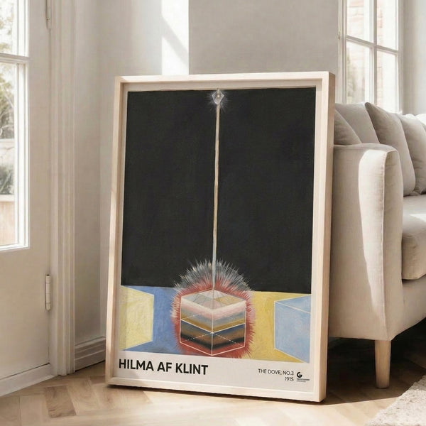 Mystical geometric composition with a dove symbol at center, combining Bauhaus design principles in a palette of black, cream, yellow, blue, and red tones.